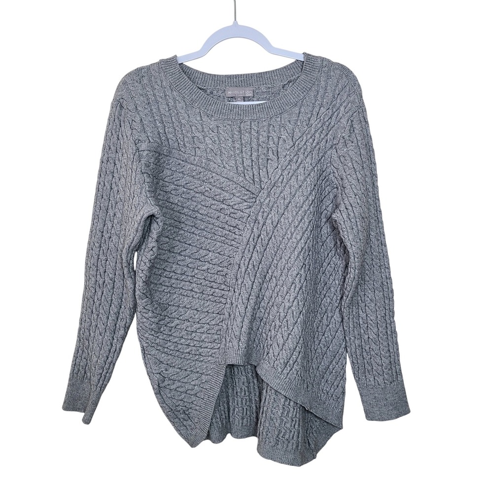 EVOLUTION Chunky Gray‎ Cable Knit Asymmetrical Hem Sweater XL Minimalist Capsule